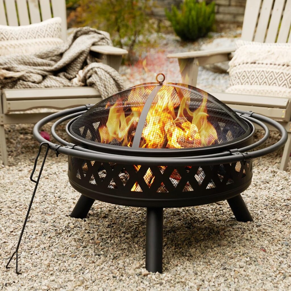 fissfire 35 Inch Fire Pit, Outdoor Wood Burning Fire Pit Crossweave with Spark Screen Fire Poker with 2 Loops, for Backyard Patio Garden Bonfire, Black