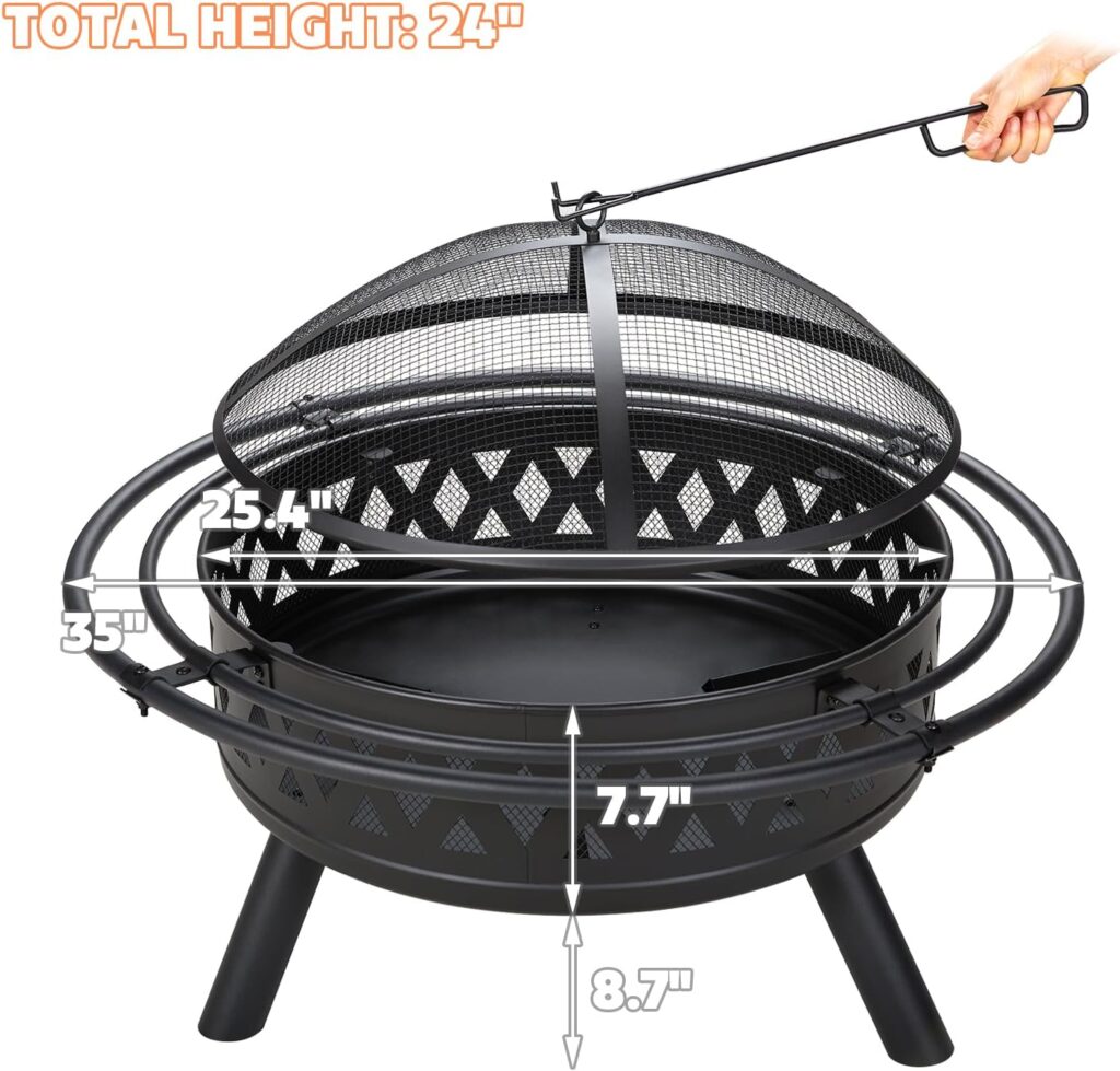 fissfire 35 Inch Fire Pit, Outdoor Wood Burning Fire Pit Crossweave with Spark Screen Fire Poker with 2 Loops, for Backyard Patio Garden Bonfire, Black