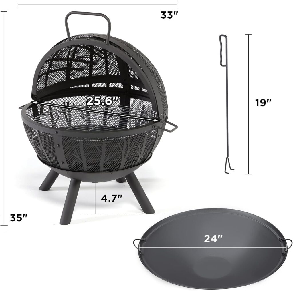 Fissfire 35 Inch Fire Pit Sphere, Outdoor Wood Burning Flaming Ball FirePit with Pivot Spark Screen, Backyard Patio Camping Beach Bonfire Pit