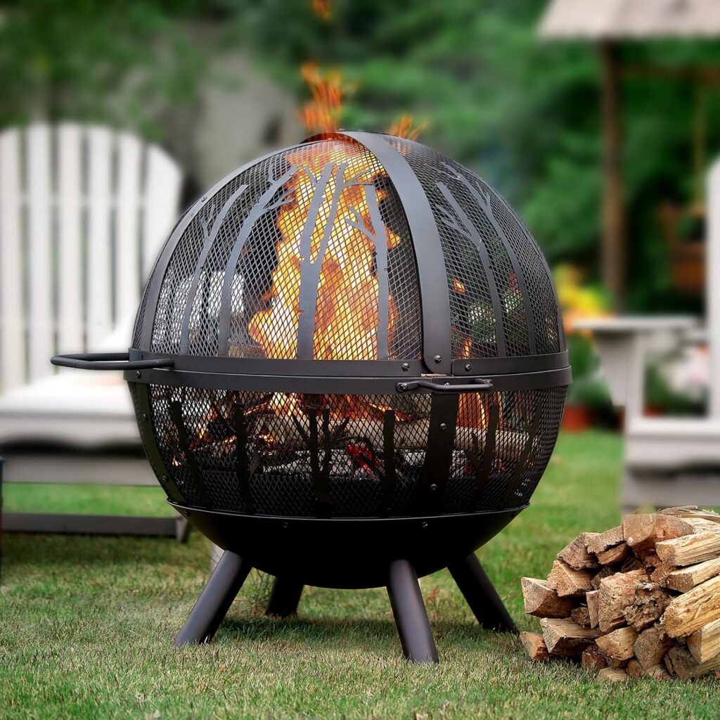 Fissfire 35 Inch Fire Pit Sphere, Outdoor Wood Burning Flaming Ball FirePit with Pivot Spark Screen, Backyard Patio Camping Beach Bonfire Pit