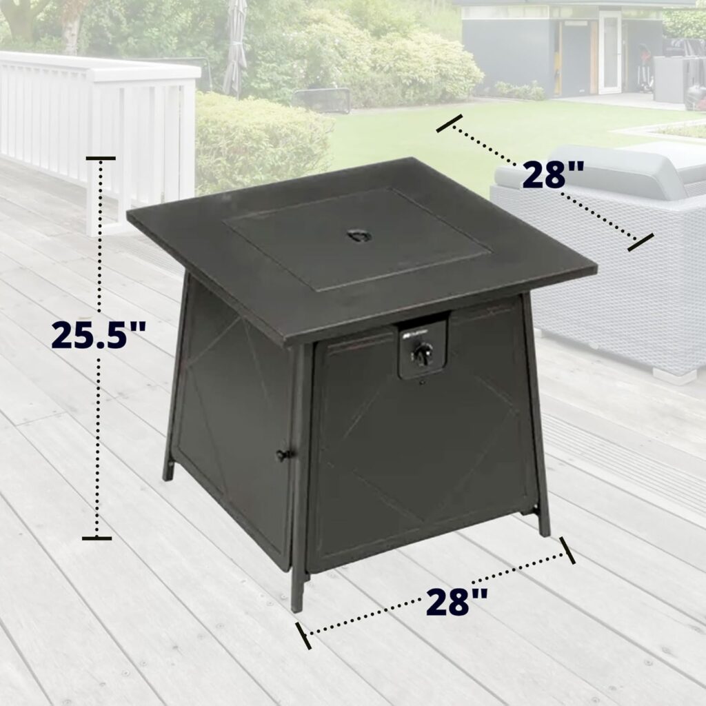 Four Seasons Courtyard Dual Heat 28 Inch Steel Square Gas Outdoor Backyard Tabletop Fire Pit with Lava Rocks and Steel Cover Lid, Black