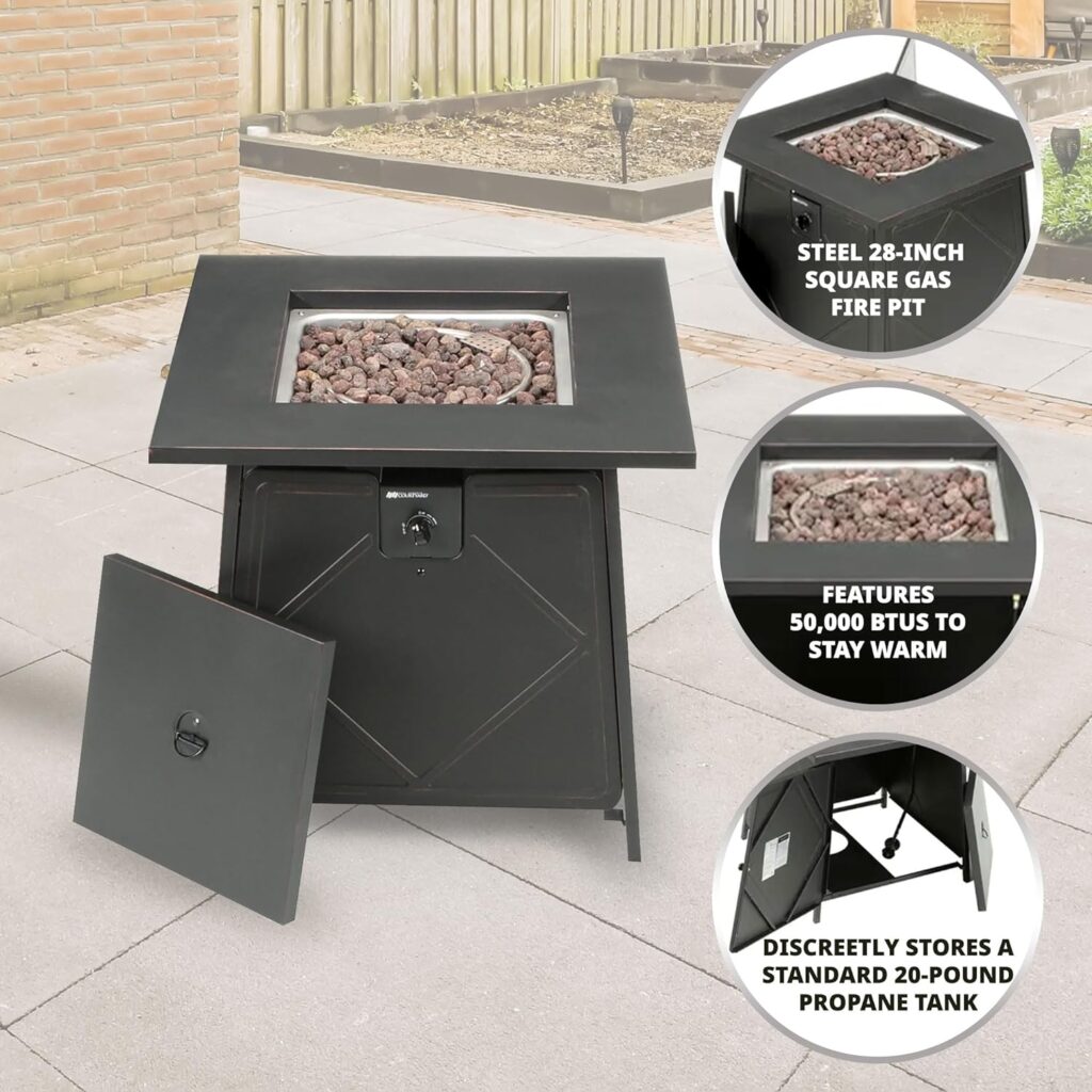 Four Seasons Courtyard Dual Heat 28 Inch Steel Square Gas Outdoor Backyard Tabletop Fire Pit with Lava Rocks and Steel Cover Lid, Black