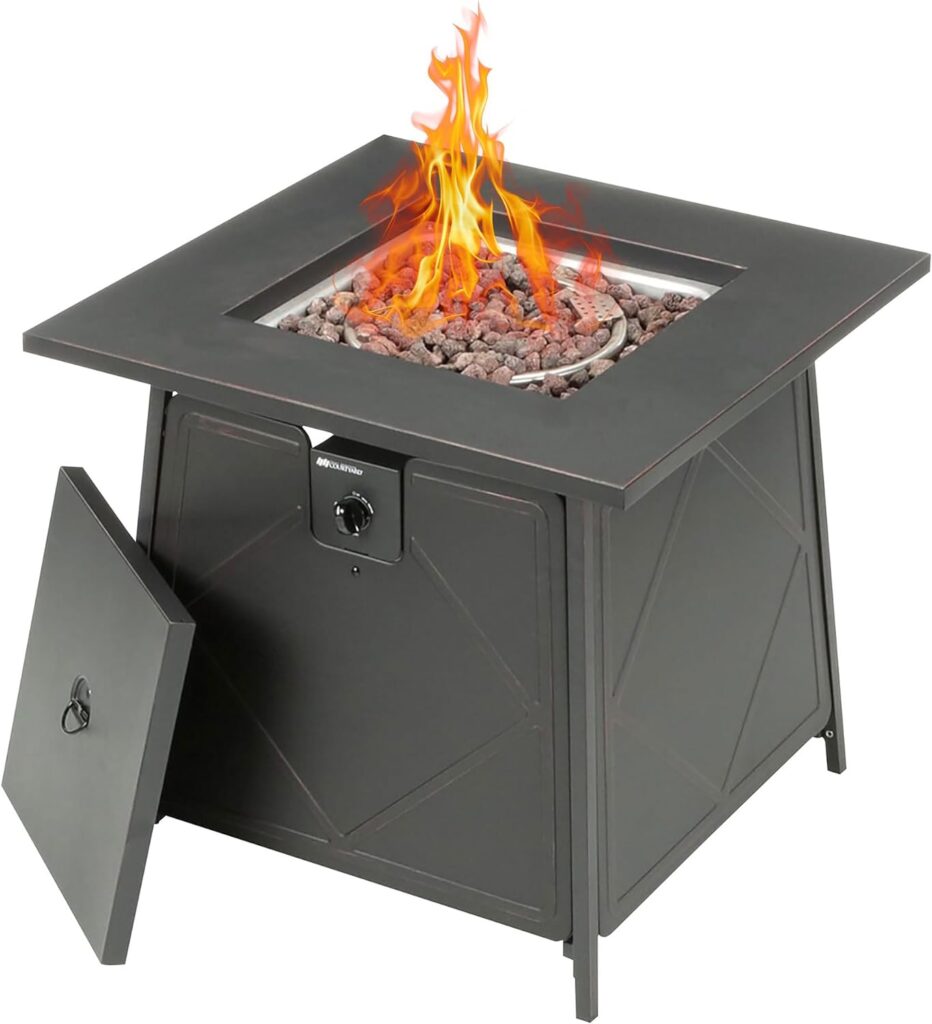 Four Seasons Courtyard Dual Heat 28 Inch Steel Square Gas Outdoor Backyard Tabletop Fire Pit with Lava Rocks and Steel Cover Lid, Black