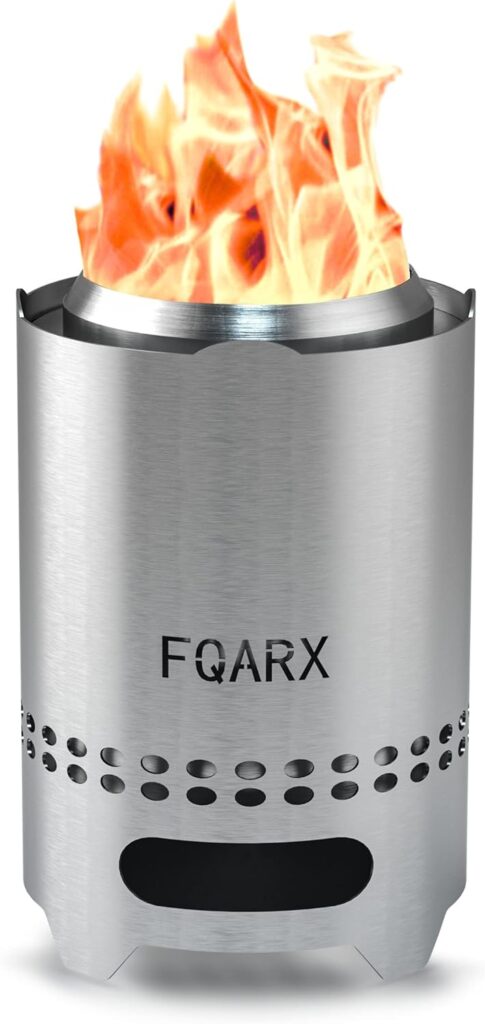 FQARX Tabletop Fire Pit, Low Smoke Mini Fire Pit, IndoorOutdoor Mini Portable Personal Fireplace, Fueled by Pellets or Wood, Stainless Steel, with Travel Bag