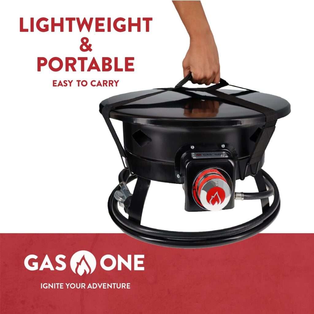 GasOne 19 Outdoor Portable Smokeless Fire Pit with Auto Ignition - Includes Lava Rocks, Carrying Strap, Lid, and Fuel Holder Ring Black