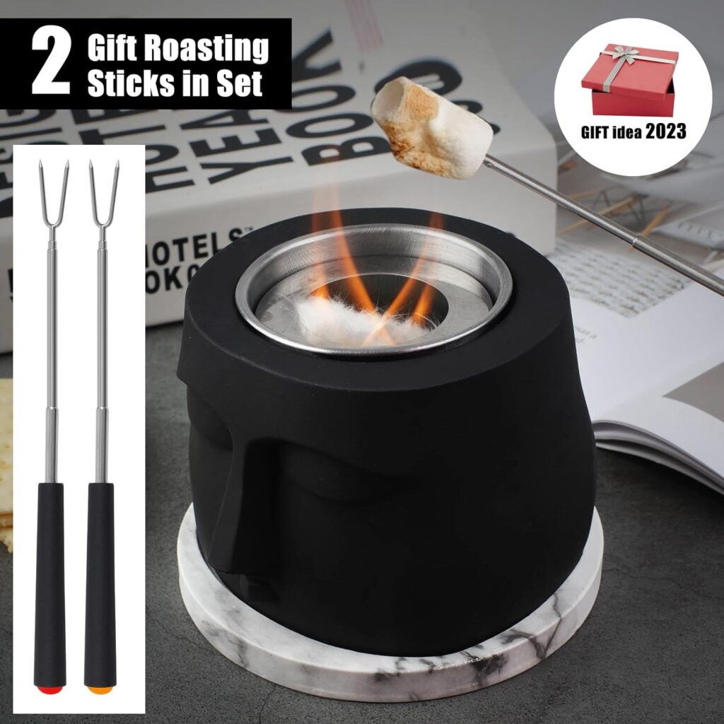 Gotrays Tabletop Fire Pit - Mini Small Indoor Portable Fireplace Bowl, Safe Concrete Design for Deck Patio - Includes 2 Extendable BBQ Sticks Thick Tray Mat - Perfect for Cozy Atmosphere