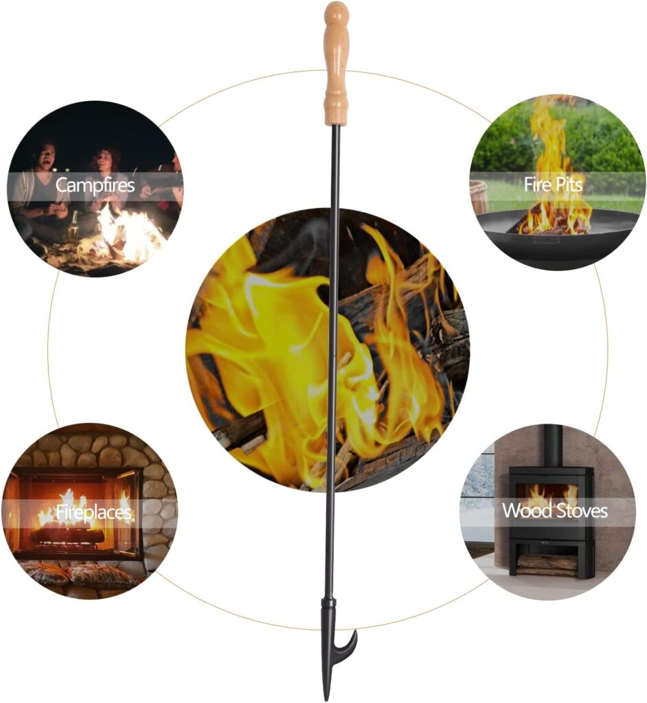 Heavy Duty 32” Long Fireplace Fire Pit Campfire Poker Stick and 26” Fireplace Tongs Tool Sets, Log Grabber, Rust Resistant Black Finish Camping Fireplace Tools for Indoor/Outdoor