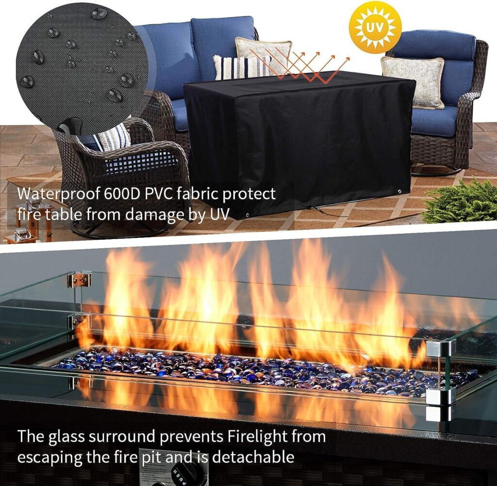 HOMREST 44in Outdoor Propane Gas Fire Pit Table, 50,000 BTU Auto-Ignition Gas Firepit with Glass Wind Guard, Black Tempered Glass Tabletop Blue Glass Rock, Brown PE Rattan, CSA Certification