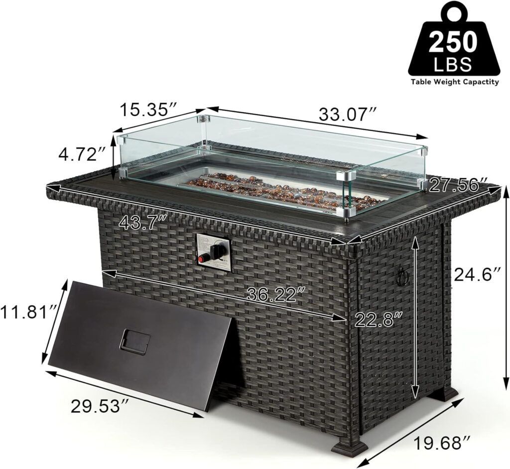 HOMREST 44in Outdoor Propane Gas Fire Pit Table, 50,000 BTU Auto-Ignition Gas Firepit with Glass Wind Guard, Black Tempered Glass Tabletop Blue Glass Rock, Brown PE Rattan, CSA Certification