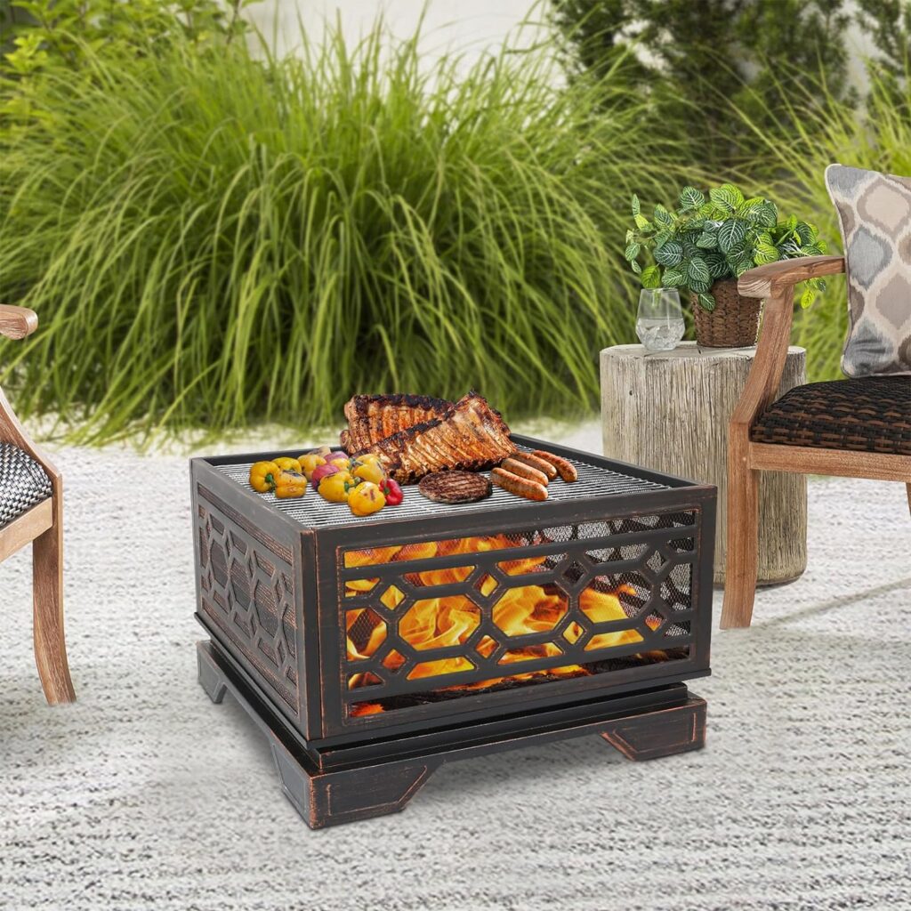 Hykolity 26 Inch Outdoor Fire Pit Square Extra Deep Wood Burning Firepits Large Bonfire with Cooking Grate Poker for Outside, Patio, Backyard