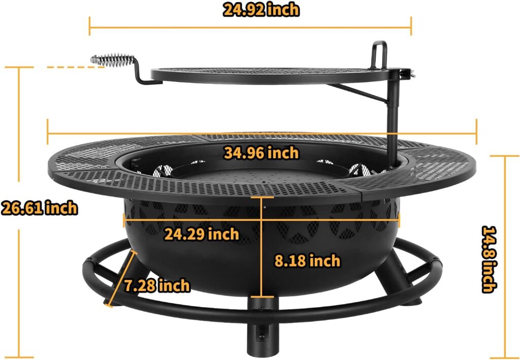 Hykolity 35 Inch Fire Pit with Cooking Grate Charcoal Pan, Outdoor Wood Burning BBQ Grill Firepit Bowl with Cover Lid, Steel Round Table for Backyard Bonfire Patio Picnic