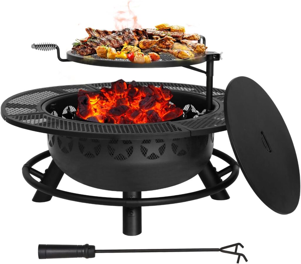 Hykolity 35 Inch Fire Pit with Cooking Grate Charcoal Pan, Outdoor Wood Burning BBQ Grill Firepit Bowl with Cover Lid, Steel Round Table for Backyard Bonfire Patio Picnic