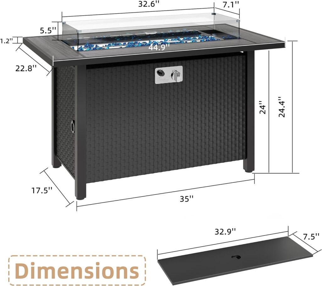 JAMFLY Outdoor Propane Fire Pit Table 45 Inch with Lid, 50,000 BTU Gas Fire Pits for Outside Patio with Glass Wind Guard,Clear Blue Glass Rocks,Waterproof Cover