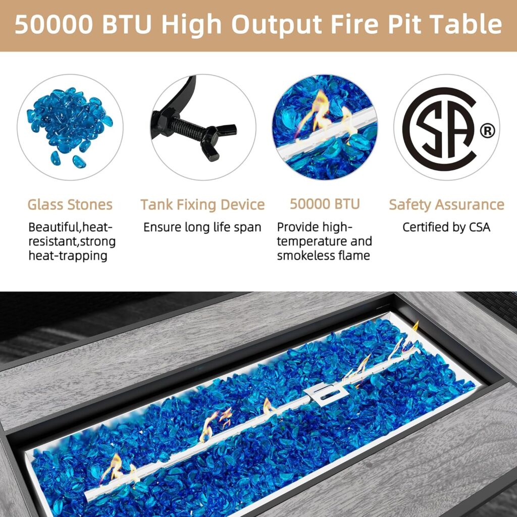 JAMFLY Outdoor Propane Fire Pit Table 45 Inch with Lid, 50,000 BTU Gas Fire Pits for Outside Patio with Glass Wind Guard,Clear Blue Glass Rocks,Waterproof Cover