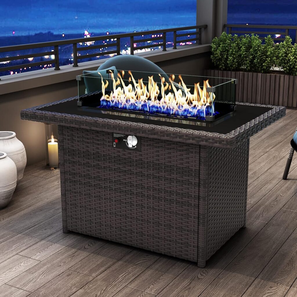 KHOLH 44 Inch Propane Gas Fire Pits Table for Outside Patio, 60000 BTU Rectangular Outdoor Wicker Rattan Fire Pit with Glass Wind Guard