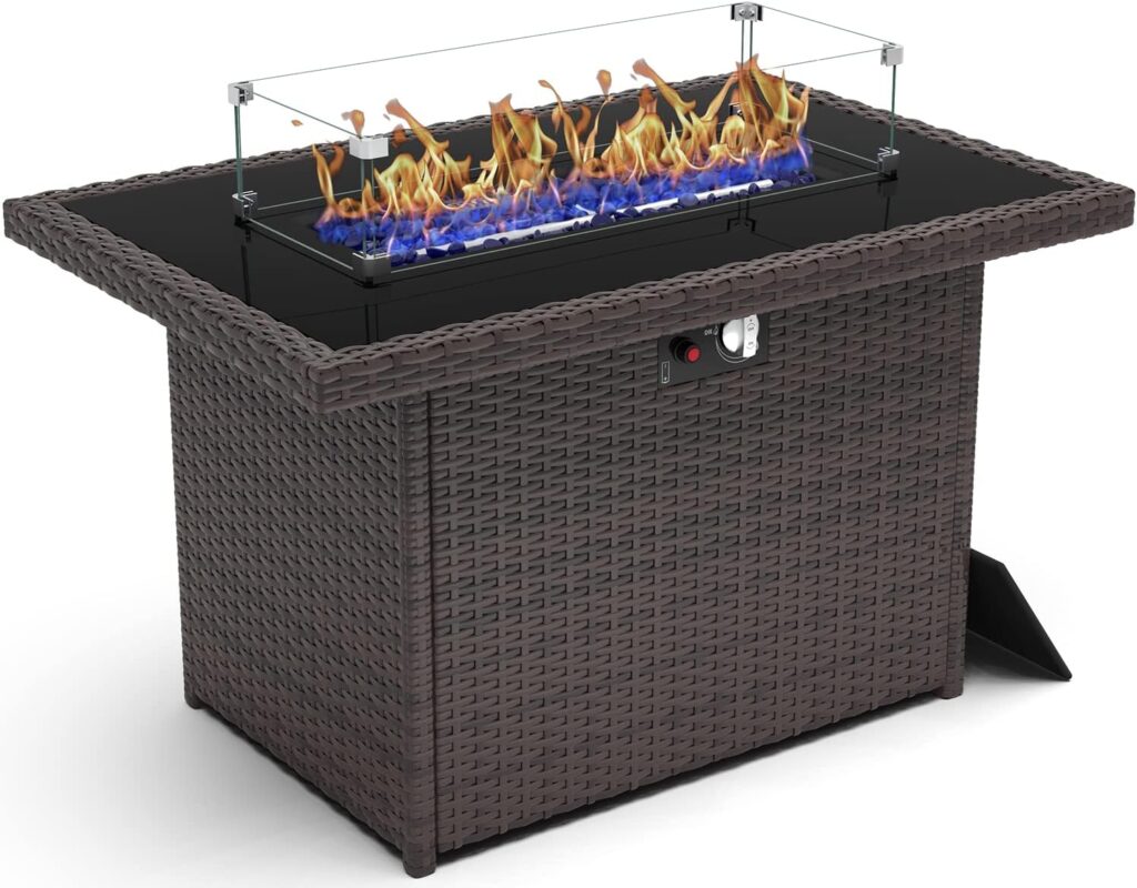 KHOLH 44 Inch Propane Gas Fire Pits Table for Outside Patio, 60000 BTU Rectangular Outdoor Wicker Rattan Fire Pit with Glass Wind Guard