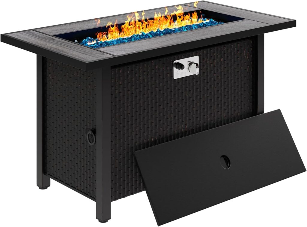 Meilocar 45in Fire Table, Propane Fire Pit with Glass Wind Guard and Rain Cover, Outdoor Firepit Table 50000 BTU 3-in-1 Fire Table for Patio/Yard/Balcony, Black