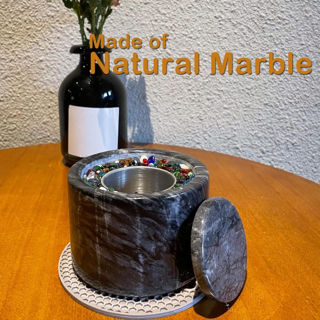 Natural Marble Tabletop Fire Pit with Lid and Mat Natural Marble Tabletop Fireplace Fire Pit, Rubbing Alcohol Indoor Fire Bowl, Mini Outdoor Decor Portable Table Top Chiminea Meditation (Black)