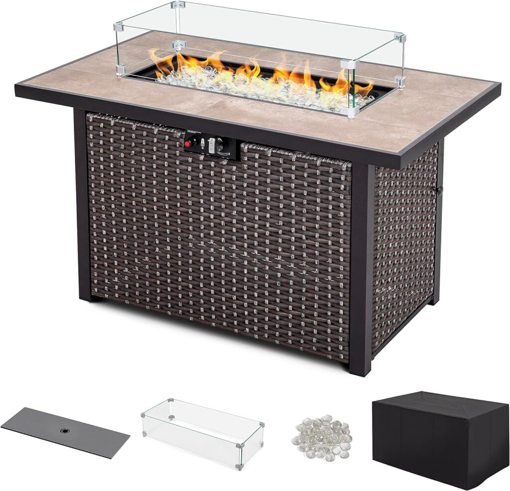 Nuu Garden 43 Propane Fire Pit Table, CSA Certified 50,000 BTU Outdoor Patio Propane Fire Pit Table with Fire Pit Wind Guard,Removable Lid, Ceramic Tabletop, Water-Proof Oxford Cover, Dark Brown