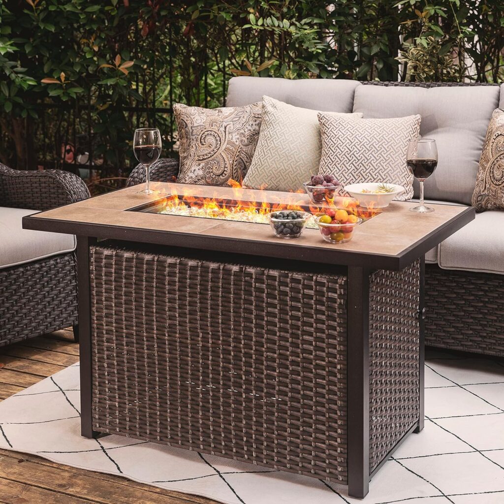 Nuu Garden Propane Fire Pit Table,CSA Certified 43-Inch 50000BTU Outdoor Propane Gas Fire Pit Table, Propnae Fire Pit with Ceramic Tabletop, Oxford Cover, 7 lbs Glass Stone,Dark Brown and Coffee