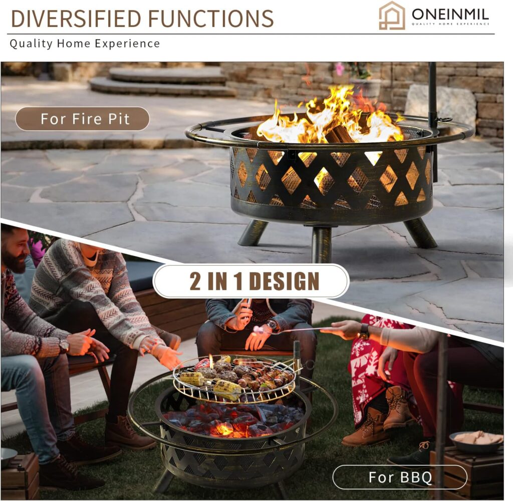 oneinmil 2 in 1 Fire Pit with Grill, 30 Wood Burning Outdoor Fire Pits Outside with Metal BBQ Grill, Spark Screen, Poker for Patio, Backyard, Garden