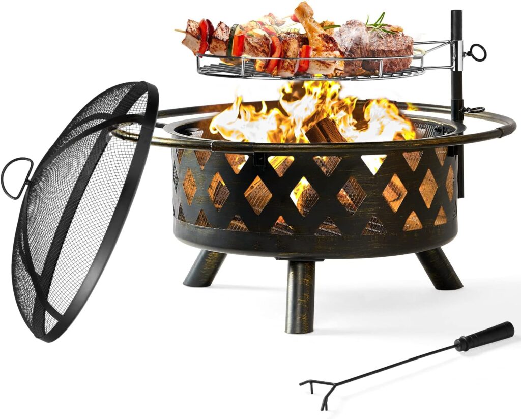 oneinmil 2 in 1 Fire Pit with Grill, 30 Wood Burning Outdoor Fire Pits Outside with Metal BBQ Grill, Spark Screen, Poker for Patio, Backyard, Garden