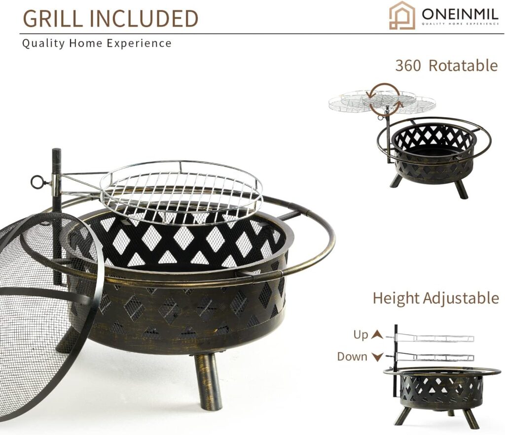 oneinmil 2 in 1 Fire Pit with Grill, 30 Wood Burning Outdoor Fire Pits Outside with Metal BBQ Grill, Spark Screen, Poker for Patio, Backyard, Garden