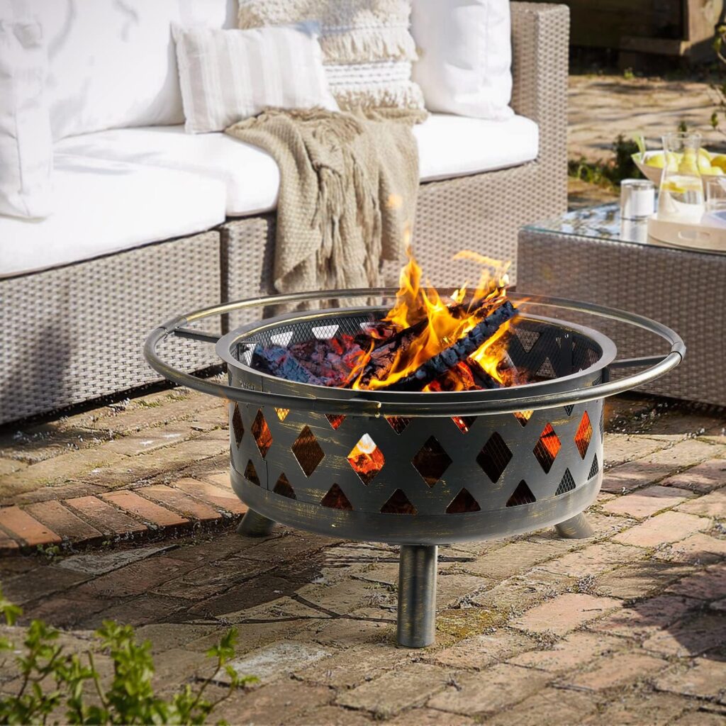 oneinmil 2 in 1 Fire Pit with Grill, 30 Wood Burning Outdoor Fire Pits Outside with Metal BBQ Grill, Spark Screen, Poker for Patio, Backyard, Garden