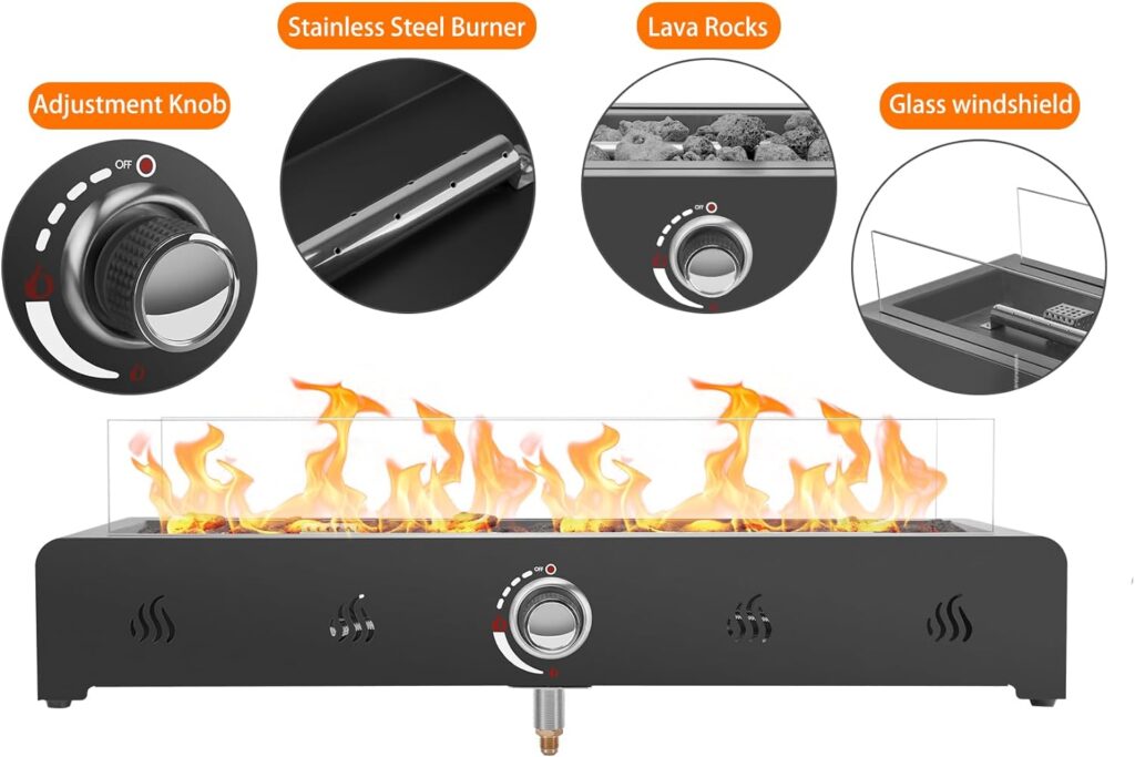 Onlyfire 28 Tabletop Fire Pit Table, Propane Fire Pit with Bottom Air Intake, Glass Wind Guard and Fire Glass, Outdoor Rectangular Smokeless Fire Table