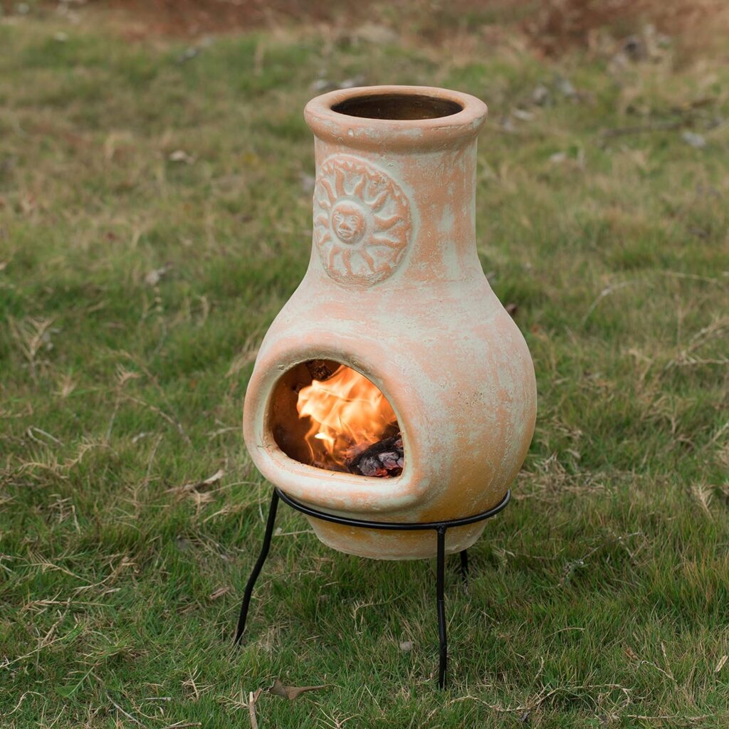 Outdoor Beige Clay Chiminea Outdoor Fireplace Sun Design Charcoal Burning Fire Pit with Sturdy Metal Stand, Barbecue, Cocktail Party, Family Gathering, Cozy Nights Fire Pit