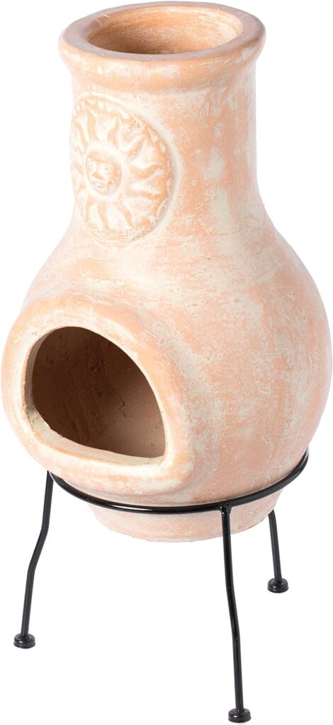 Outdoor Beige Clay Chiminea Outdoor Fireplace Sun Design Charcoal Burning Fire Pit with Sturdy Metal Stand, Barbecue, Cocktail Party, Family Gathering, Cozy Nights Fire Pit