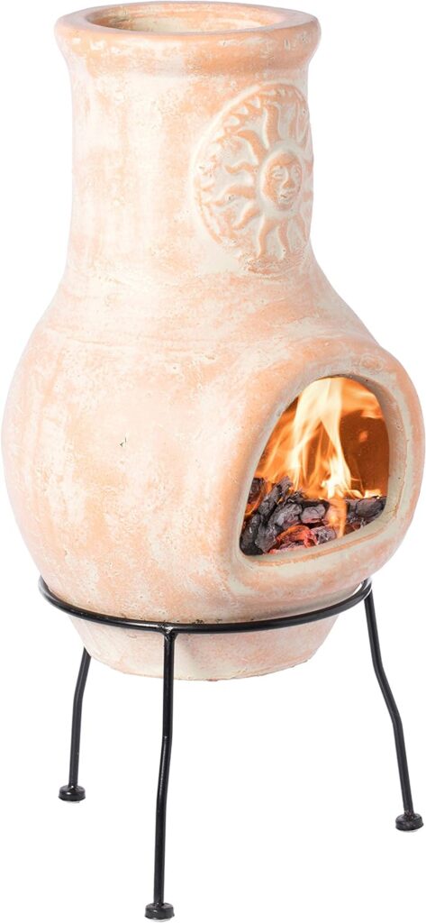 Outdoor Beige Clay Chiminea Outdoor Fireplace Sun Design Charcoal Burning Fire Pit with Sturdy Metal Stand, Barbecue, Cocktail Party, Family Gathering, Cozy Nights Fire Pit