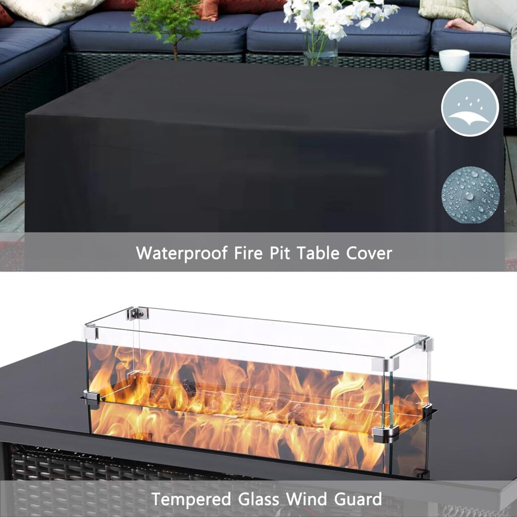 Outdoor Propane Gas Fire Pit Table, 43 Inch 50,000 BTU Auto-Ignition Propane Fire Pit Table, CSA Approved with Glass Wind Guard, Waterproof Cover, Lava Stone for Outdoor Garden/Patio.