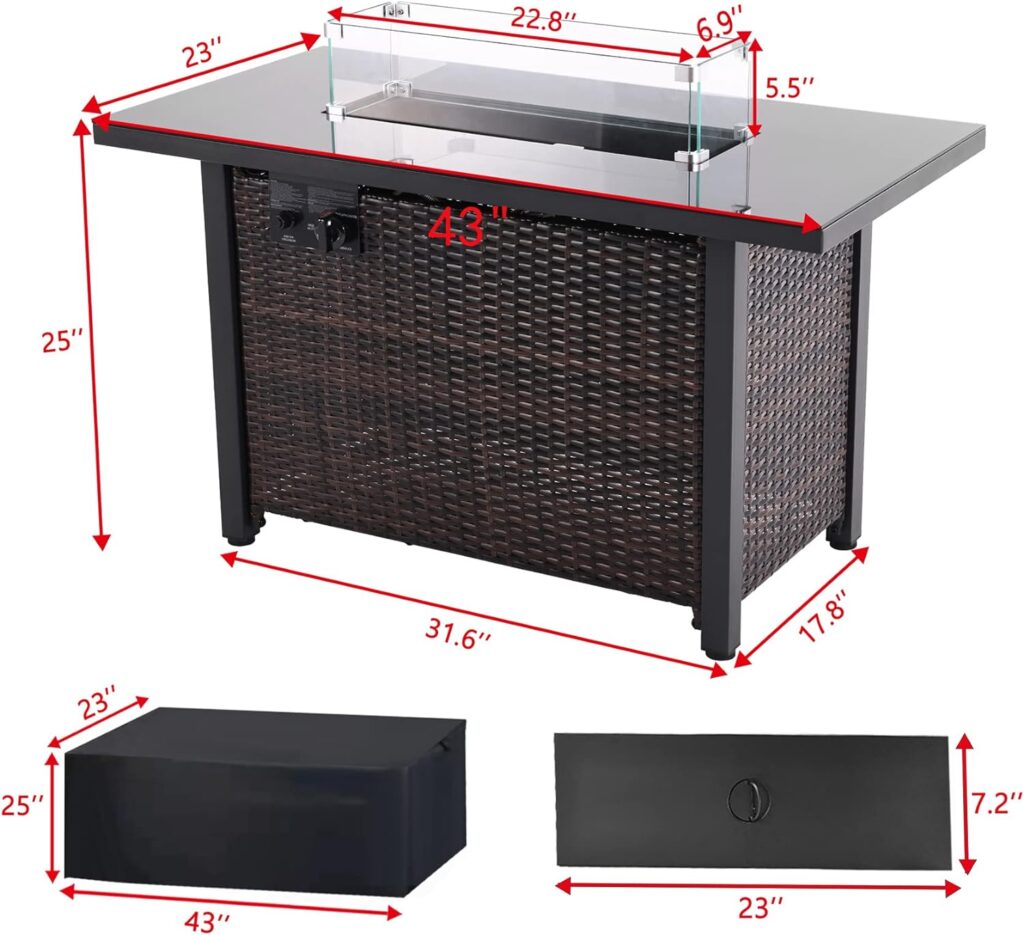 Outdoor Propane Gas Fire Pit Table, 43 Inch 50,000 BTU Auto-Ignition Propane Fire Pit Table, CSA Approved with Glass Wind Guard, Waterproof Cover, Lava Stone for Outdoor Garden/Patio.