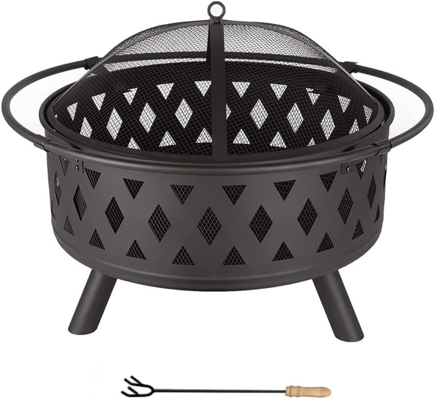 Outdoor Wood Burning Fire Pit 32 Inch, Square Metal Firepit for Outside, Multifunctional Bonfire Fire Pits Table with Mesh Lid and Poker for Backyard Heating, Garden, Patio, Camping, Black