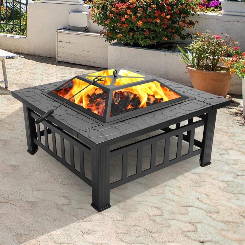 Outdoor Wood Burning Fire Pit 32 Inch, Square Metal Firepit for Outside, Multifunctional Bonfire Fire Pits Table with Mesh Lid and Poker for Backyard Heating, Garden, Patio, Camping, Black