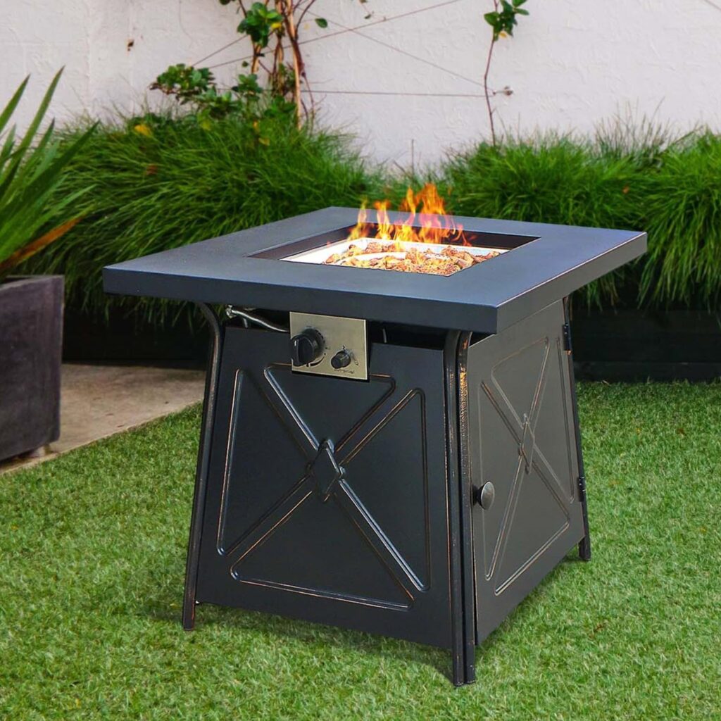 OutVue 28 Fire Pit Table,Gas Fire Pits for Outside Patio,50000 BTU Propane Fire Pits with Lid Lava Rocks,Firepit for Garden,Yard (BlackGold)