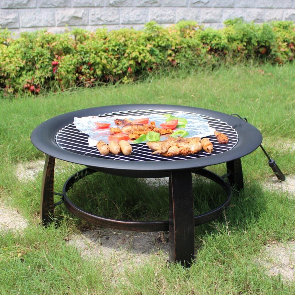 OutVue 30 inch Fire Pits for Outside with Grill, Portable Fire Pit for Camping, Picnic, Wood Burning Fire Pit with Waterproof CoverFire Poker Spark Screen, Firepit for Outdoor, Patio, Garden