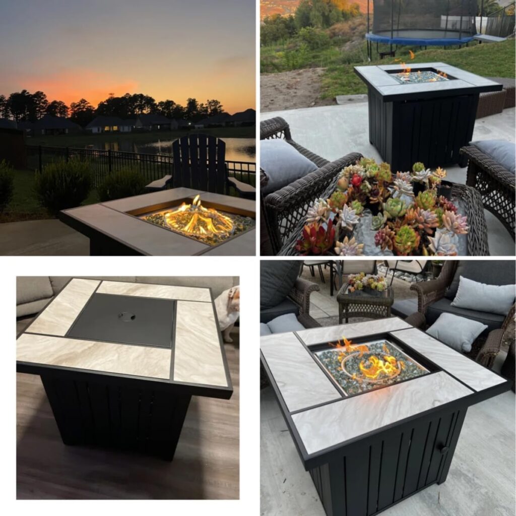 OutVue 30 Propane Fire Pit with Real Ceramic Tabletop, 50000 BTU Gas Fire Pit Table with Lid Glass Rock, Outdoor Fire Pit for Dining or Party, Firepit for Outside, Patio, Garden, Yard