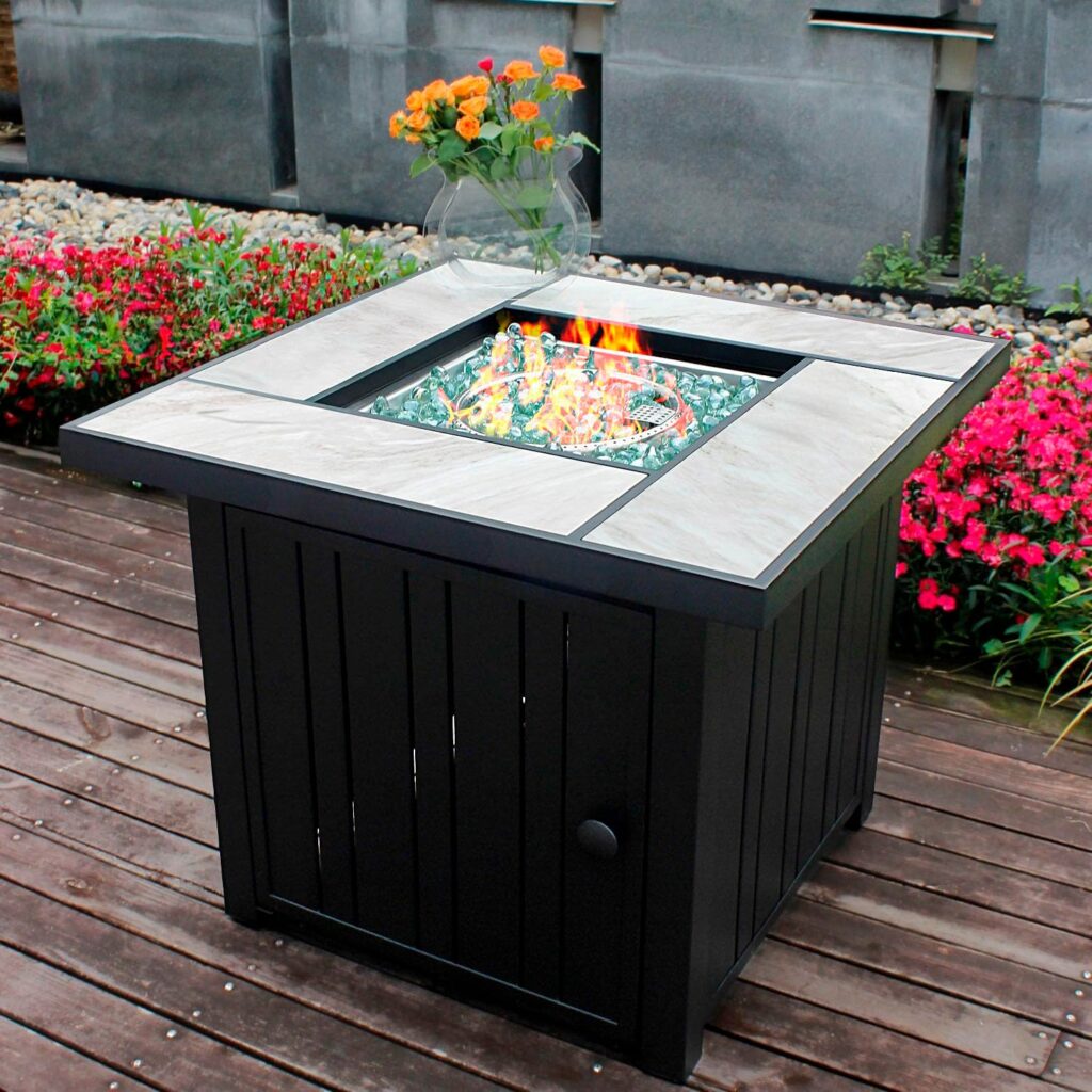 OutVue 30 Propane Fire Pit with Real Ceramic Tabletop, 50000 BTU Gas Fire Pit Table with Lid Glass Rock, Outdoor Fire Pit for Dining or Party, Firepit for Outside, Patio, Garden, Yard