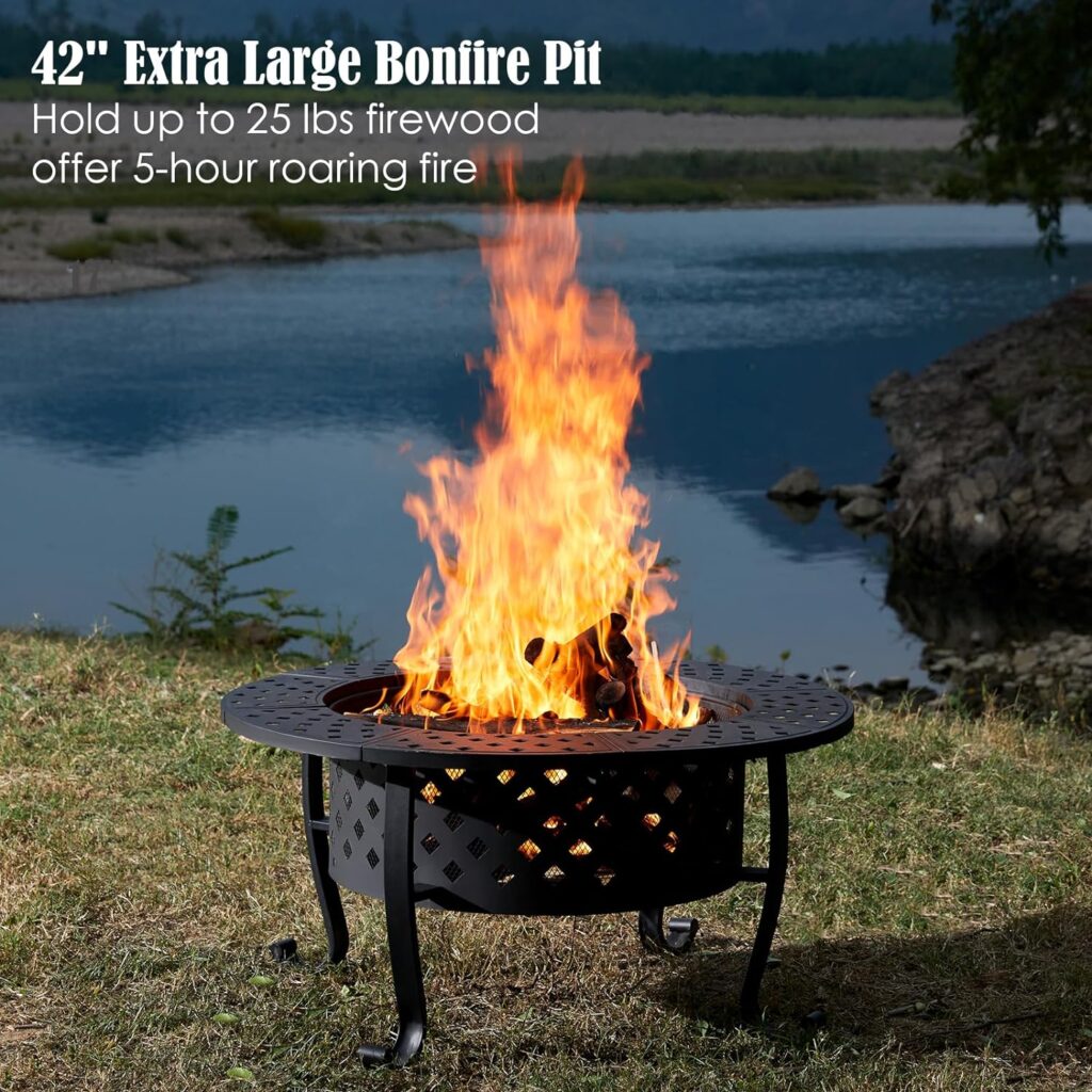 PAPABABE 42 Inch Outdoor Fire Pit with 2 Grill, Wood Burning Firepit for Outside with Lid/Fire Poker, Extra Large Heavy Duty Metal Round Table for Patio Backyard Garden Camping Bonfire