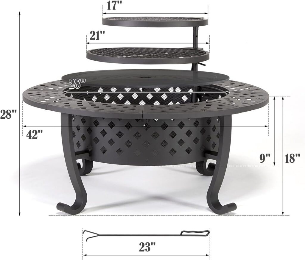 PAPABABE 42 Inch Outdoor Fire Pit with 2 Grill, Wood Burning Firepit for Outside with Lid/Fire Poker, Extra Large Heavy Duty Metal Round Table for Patio Backyard Garden Camping Bonfire