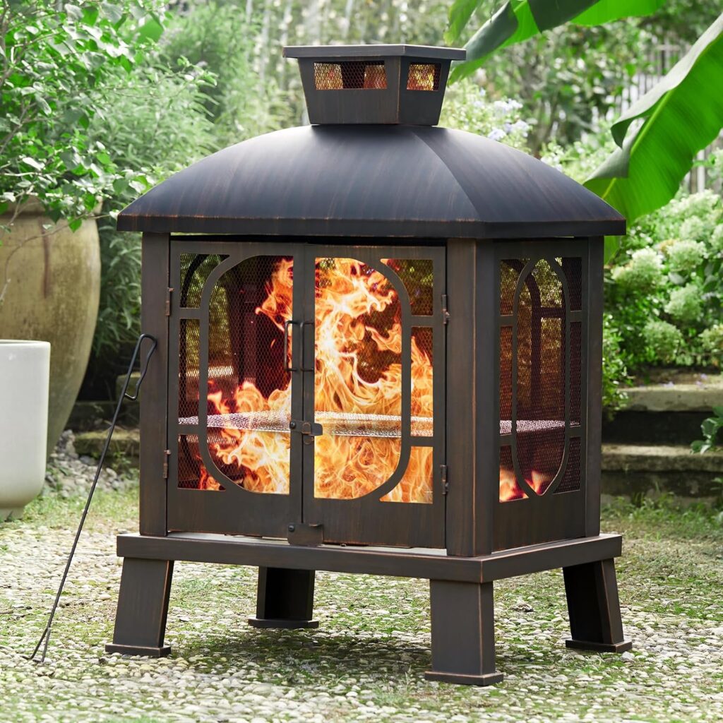 PAPABABE 45 Fire Pit Pagoda, Wood Burning Chimney Firepit with Grill Grate Outside for Garden Backyard BBQ Bonfire