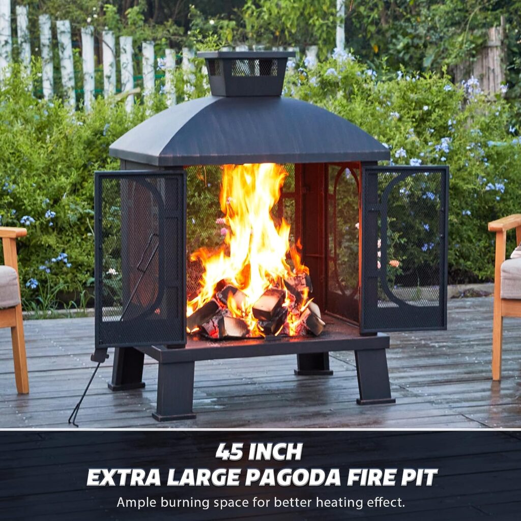 PAPABABE 45 Fire Pit Pagoda, Wood Burning Chimney Firepit with Grill Grate Outside for Garden Backyard BBQ Bonfire