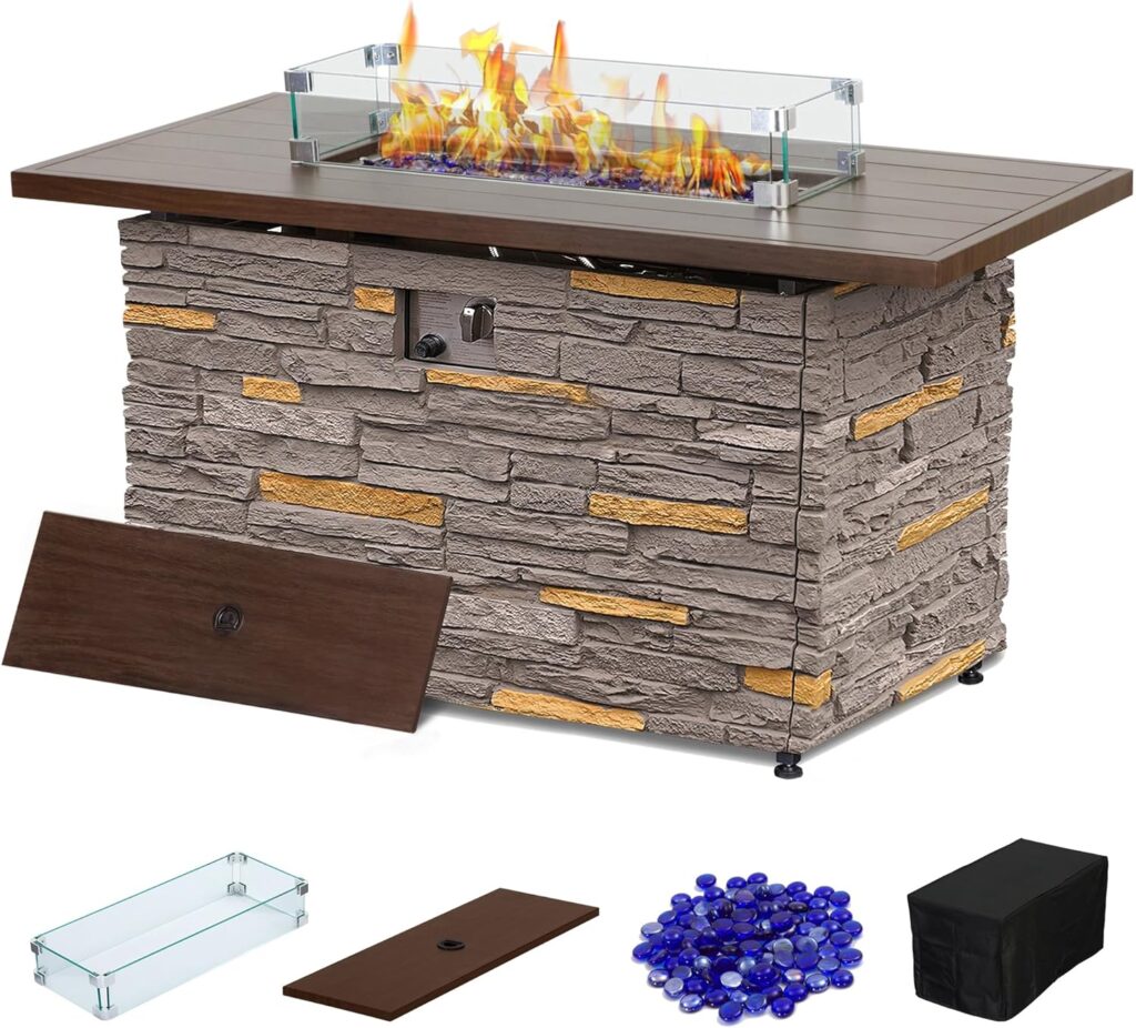 PIZZELLO 43 Propane Fire Pit Table Outdoor Stone Firepit Table 50000 BTU Gas Fire Tables w/Wind Guard, Fire Beads, Lid, Cover, Outside Patio Backyard Party, Pizzello Caldo (Mouse Gray)