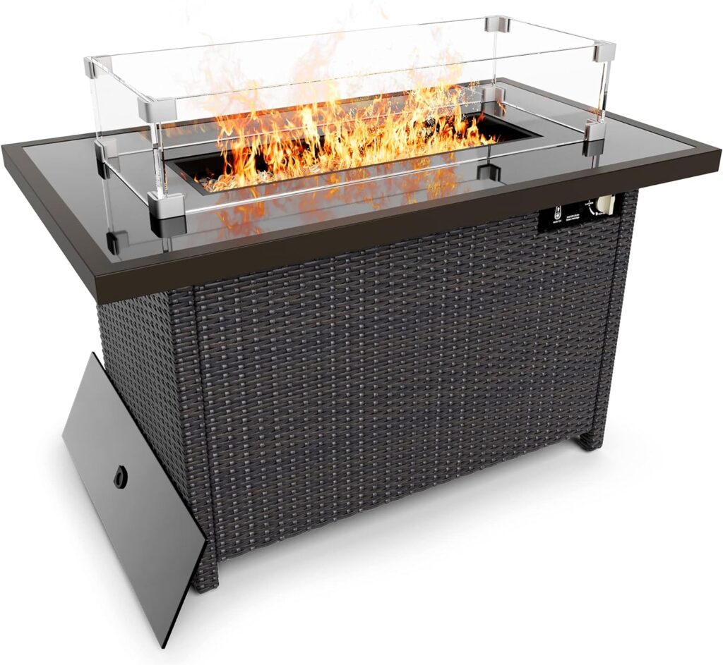 Propane Fire Pits, PAMAPIC 50,000 BTU Auto-Ignition Outdoor Fire Pit Table with Glass Wind Guard,41 Inch Outdoor Fire Tables for Patio Garden Deck Backyard Poolside