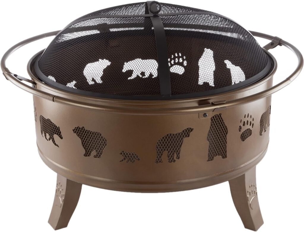 Pure Garden 50-LG1202 32” Outdoor Deep Fire Pit-Round Large Steel Bowl with Bear Cutouts, Mesh Spark Screen, Log Poker Storage Cover-Patio Wood Burning, Antique Gold