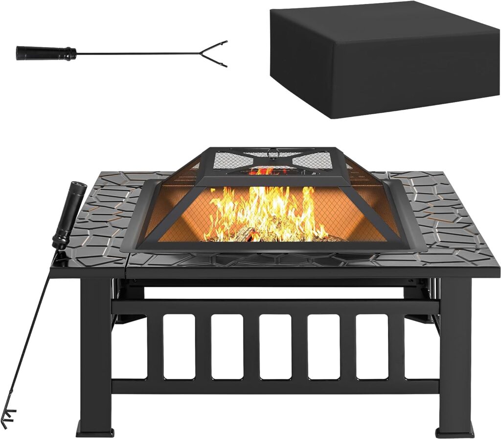 Rankok 32’’ Multifunctional Outdoor Fire Pit Table with Spark Screen, Fire Grate and Poker Metal Square Fireplace for Outdoor Heating, Backyard BBQ, Camping and Garden Bonfire Party