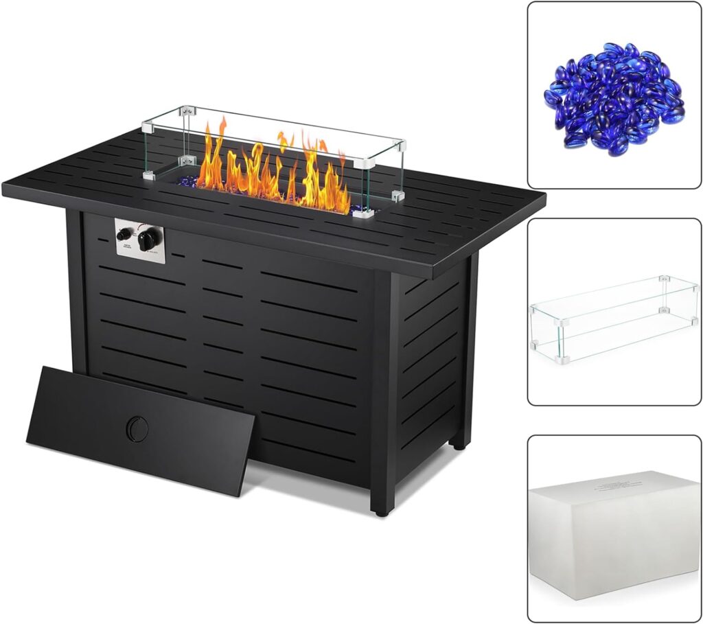 R.W.FLAME 43 Fire Pit Table,Propane Fire Pit Table with Blue Glass Rocks and Tempered Glass Wind Guard.Outdoor Gas Fire Pit Table with Lid and Rain Cover,Fire Pit for Garden/Patio/Deck,50000BTU