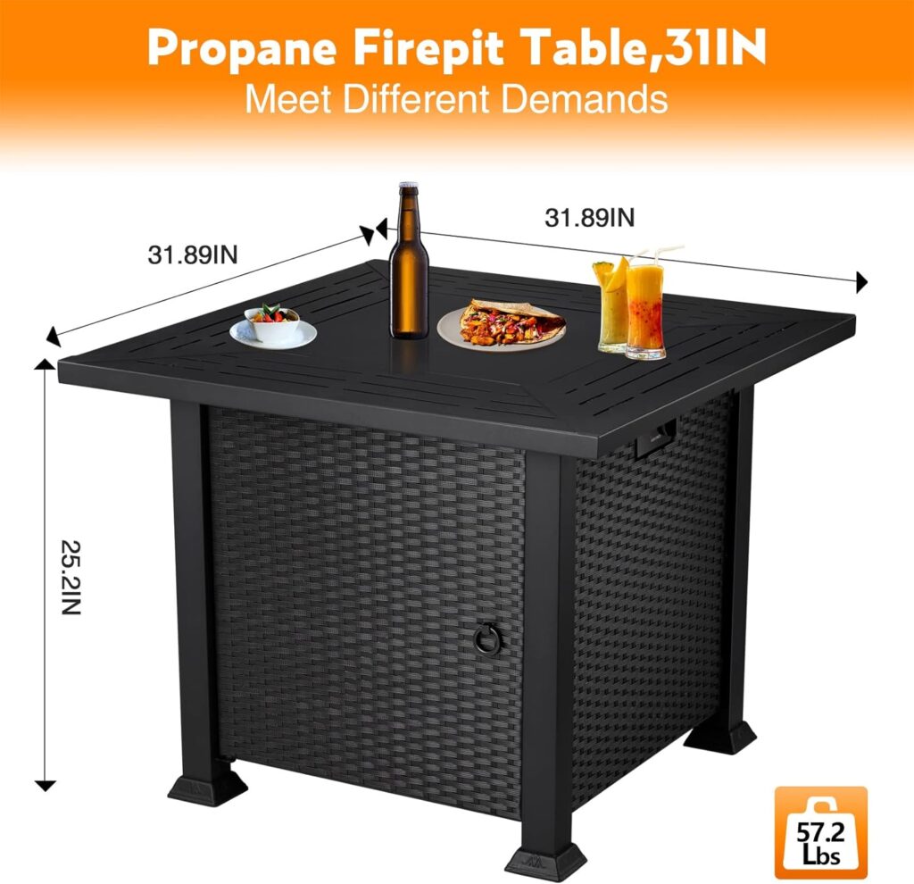 R.W.FLAME 43 Fire Pit Table,Propane Fire Pit Table with Blue Glass Rocks and Tempered Glass Wind Guard.Outdoor Gas Fire Pit Table with Lid and Rain Cover,Fire Pit for Garden/Patio/Deck,50000BTU